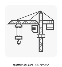Tower crane icon. That consist of balanced beam, hook and hoist lifting used as construction equipment for tall buildings. Construction industry equipment or machinery for builder. Vector icon.
