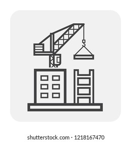 Tower crane icon. That consist of balanced beam, hook and hoist lifting used as construction equipment for tall buildings. Construction industry equipment or machinery for builder. Vector icon.
