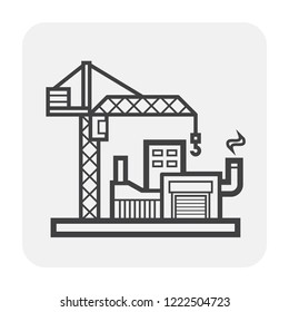 Tower crane icon. That consist of balanced beam, hook and hoist lifting used as construction equipment for tall buildings. Construction industry equipment or machinery for builder. Vector icon.