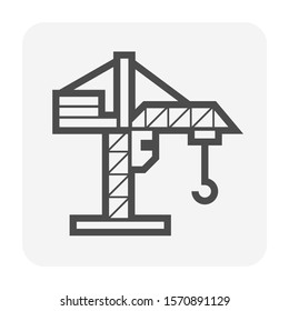 Tower crane icon. That consist of balanced beam, hook and hoist lifting used as construction equipment for tall buildings. Construction industry equipment or machinery for builder. Vector icon.
