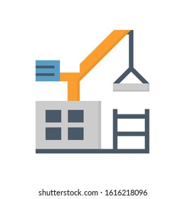 Tower crane icon. That consist of balanced beam, hook and hoist lifting used as construction equipment for tall buildings. Construction industry equipment or machinery for builder. Vector icon.
