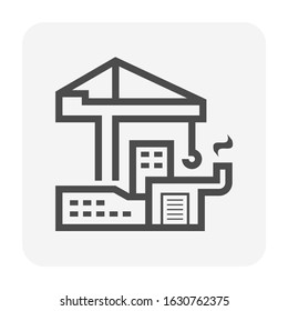Tower crane icon. That consist of balanced beam, hook and hoist lifting used as construction equipment for tall buildings. Construction industry equipment or machinery for builder. Vector icon.
