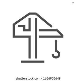 Tower crane icon. That consist of balanced beam, hook and hoist lifting used as construction equipment for tall buildings. Construction industry equipment or machinery for builder. Vector icon.
