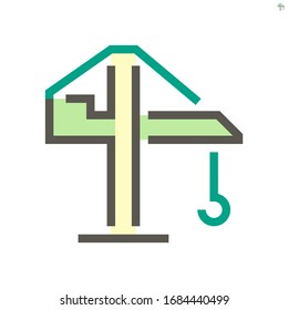 Tower crane icon. That consist of balanced beam, hook and hoist lifting used as construction equipment for tall buildings. Construction industry equipment or machinery for builder.  48x48 pixel icon.