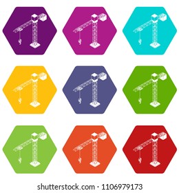 Tower crane icons 9 set coloful isolated on white for web