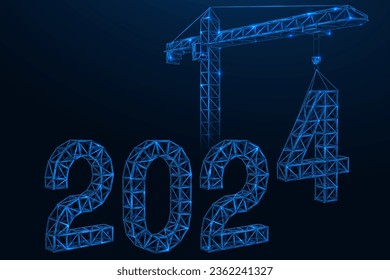 Tower crane installs building structures in the form of numbers 2024. Polygonal design of interconnected lines and points. Blue background.