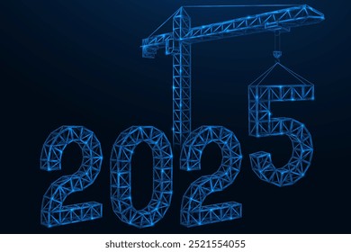 Tower crane installs structures in the form of numbers 2025. Polygonal design of interconnected lines and dots. Blue background.