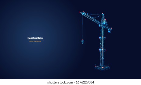 Tower crane isolated on dark blue background. Building and construction sites. Machinery and equipment. Low Poly wireframe digital vector illustration. Polygons, lines, particles  and connected dots.