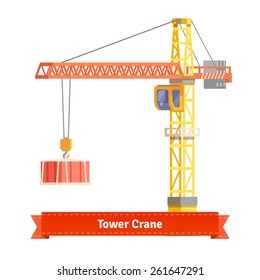 Tower Crane Lifting Building Materials On The Hook. Flat Style Illustration. EPS 10 Vector.