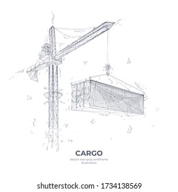 Turmkran, der einen Frachtcontainer aufzieht. Abstraktes Transport- oder Baukonzept isoliert im weißen Hintergrund. 3D Frachtcontainer am Kranhaken hängen. Vektor-Handzeichnung
