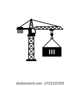 Tower Crane Lifting Container Black and White Heavy Construction Icon