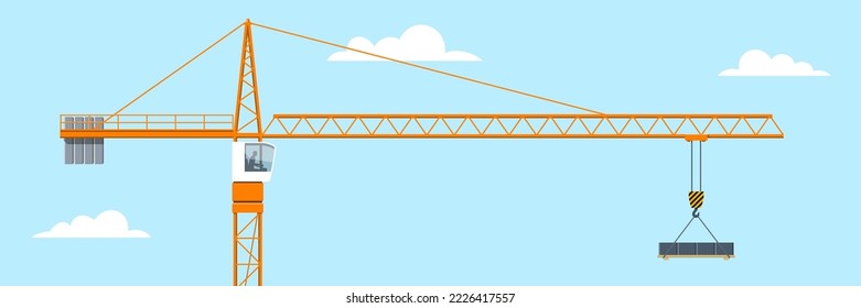 Tower crane lifting a load on blue sky background. Vector banner