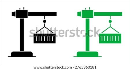 Tower crane lifting shipping container icon in solid and flat style, industrial construction and logistics concept.
