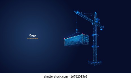 Tower crane lifts a container isolated on blue background. Building and construction sites. Machinery and equipment. Low Poly wireframe digital vector illustration. Polygons, lines and connected dots.