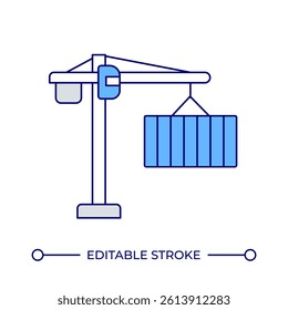 Tower crane line color icon. Cargo lifting and transporting machinery. Container hanging on heist of at terminal. Isolated vector illustration. Flat colorful symbol design. Editable stroke