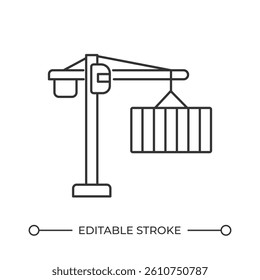 Tower crane line icon. Cargo lifting and transporting machinery. Container hanging on heist of at terminal. Isolated vector illustration. Outline symbol. Simple linear drawing. Editable stroke