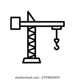 Tower crane line icon representing lifting equipment used in construction and engineering projects. Suitable for building development, infrastructure, industrial operations, and architecture themes.