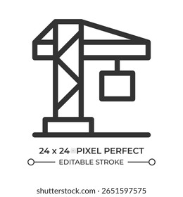Tower crane line ui icon. Construction equipment, engineering. Industrial machinery. Modern technology. Isolated vector outline symbol. Webdesign user interface element linear, pixel perfect