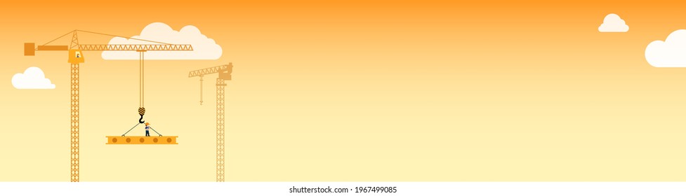 Tower crane lowers down block on hook. Wide banner with copy space for text. Vector illustration on orange background with clouds.