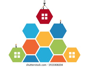 Tower Crane Made Of Colored Blocks Hexagon Builds House. Concept Of Building Business. Vector Illustration 