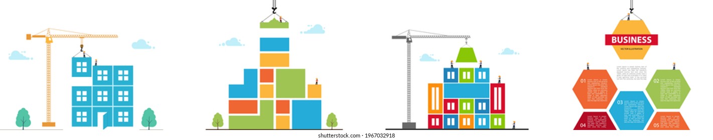 La grúa de la torre hecha de bloques de colores construye la ciudad. Establece el concepto de color de la construcción de negocios. Ilustración vectorial en un estilo plano moderno. 