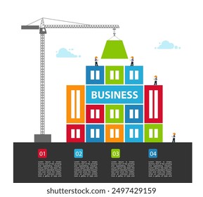 Tower crane made of colored blocks builds city. concept of building success. Vector Illustration in modern flat style. 