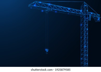 Tower crane. Metal structure. Polygonal design of concatenated lines and points. Blue background.