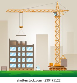 Tower crane on a building site with a load. Vector illustration