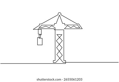 Guindaste de torre linha contínua. Contorno do guindaste de torre de arte. Desenhado à mão arte vetorial, construção, ilustração de linha de máquinas industriais