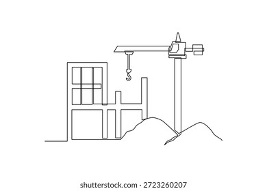 Ein Turmkran, der auf einer Baustelle betrieben wird. Bau Straße Dan Gebäudekonzept. Einzeiliges Zeichnungsdesign. Vektorgrafik