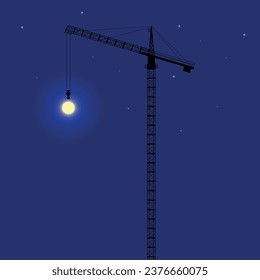 tower crane, silhouette against the night sky with moon and stars