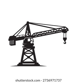 Tower crane silhouette for high-rise construction. Tall mast, horizontal jib, counterweight, hook. Essential building equipment. Industrial and engineering theme. Isolated on white background for versatile use in designs.