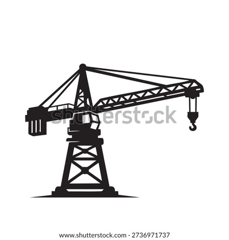 Tower crane silhouette for high-rise construction. Tall mast, horizontal jib, counterweight, hook. Essential building equipment. Industrial and engineering theme. Isolated on white background for versatile use in designs.