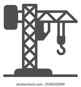 Tower crane solid icon, building construction concept. Vector graphics. Large crane with hook sign on white background, glyph style icon for mobile or web design