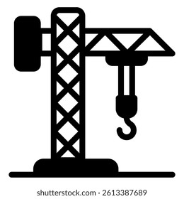 Tower crane solid icon, building construction concept. Vector graphics. Industrial crane with hook sign on white background, glyph style mobile or design