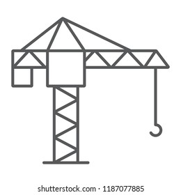 Tower Crane Thin Line Icon, Lifting And Building, Construction Crane Sign, Vector Graphics, A Linear Pattern On A White Background, Eps 10.