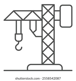 Tower crane thin line icon, building construction concept. Vector graphics. Large crane with hook sign on white background, outline style icon for mobile or web design