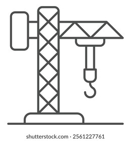 Tower crane thin line icon, building construction concept. Vector graphics. Industrial crane with hook sign on white background, outline style icon for mobile or web design