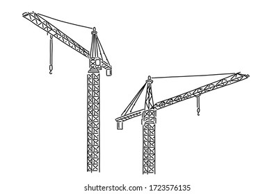 Tower crane in two different view at a construction site on the white background in doodle hand drawn