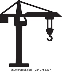 Tower crane vector icon, black construction crane silhouette with lifting hook isolated on white background for building site, civil engineering, architecture, contractor logo, and heavy machinery design