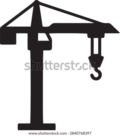 Tower crane vector icon, black construction crane silhouette with lifting hook isolated on white background for building site, civil engineering, architecture, contractor logo, and heavy machinery design