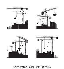 Tower cranes on construction site icons set- vector illustration