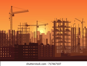 Tower cranes on construction site in sunset. Buildings under construction in sunrise. City skyline silhouette vector illustration.