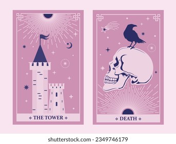 Der Turm und die Totenkarte illustrieren das Schicksal, das mystische Esoterie okkult. Celestial Tarot Cards sind Basis-Hexentarot umgeben von Sternen.