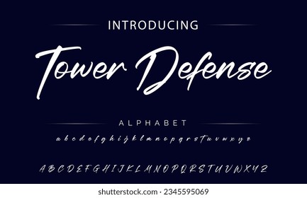 Tower Defense  calligraphy script. Vector alphabet.