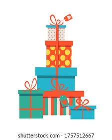 tower of different gifts for holiday red on white background