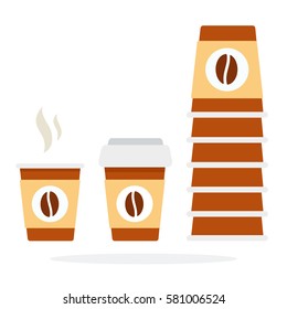 Tower of disposable coffee cups and long plastic cup with lid