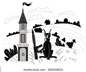 A tower is drawn in a clearing, a dog with a machine gun sits next to it and guards it, meadows, trees, houses and clouds are drawn against the background. The drawing is drawn in black.