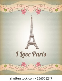Tower Eiffel over vintage background with pink flower vector illustration