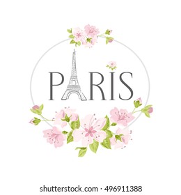 Tower Eiffel with Paris lettering. Cute design template. Vector illustration